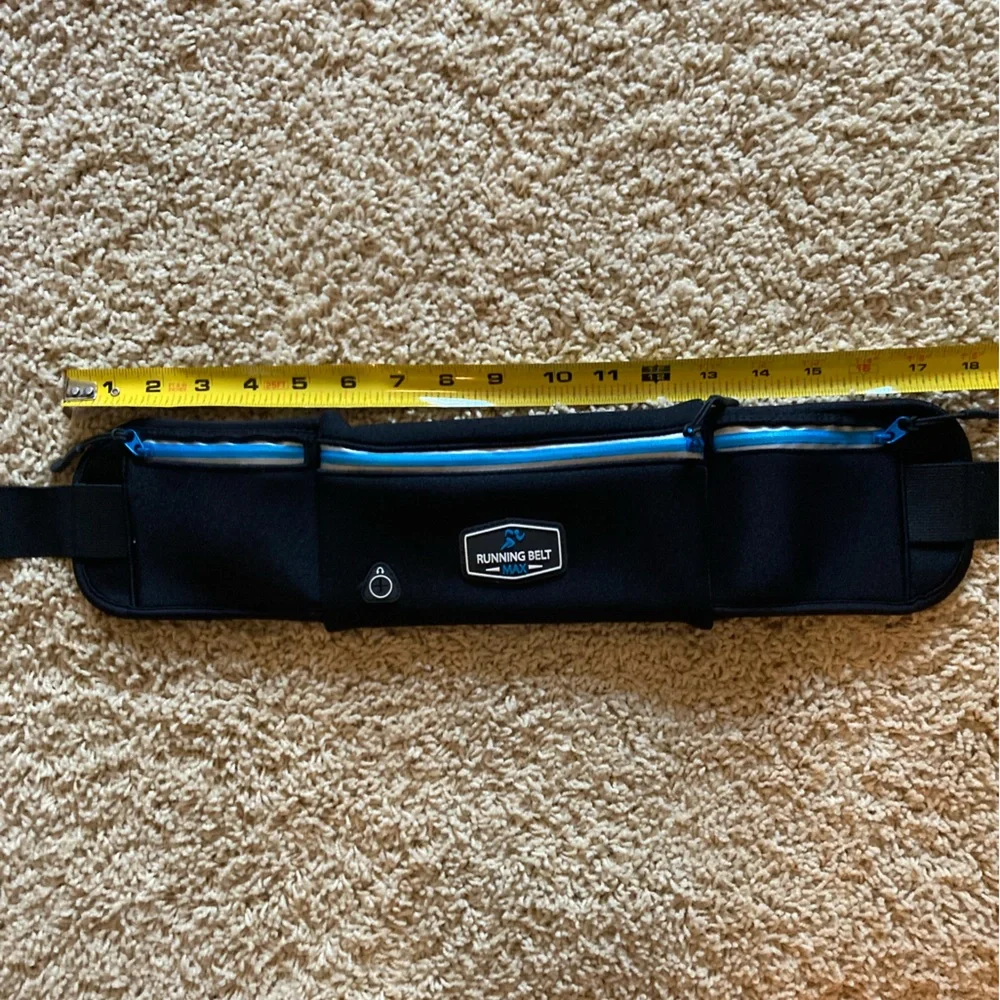 Black Running Belt Max with Blue Accents, adjustable, 3 pockets, keychain